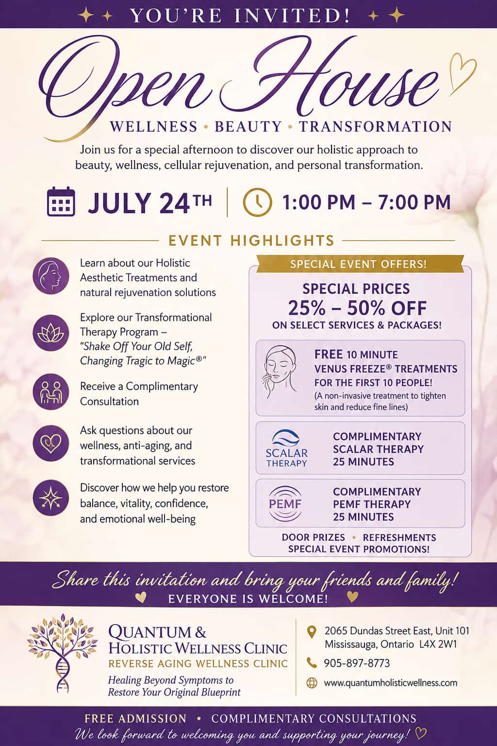 Open House invitation for July 24, 2026 from 1 PM to 7 PM
